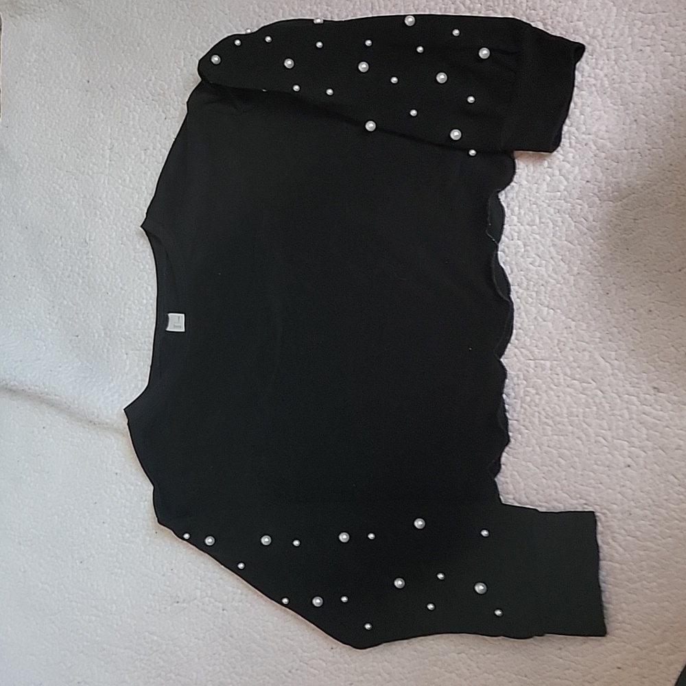 Women's Black Crop Sweater with pearl sleeves Top Size L